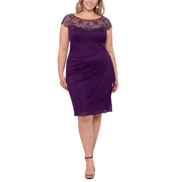 XSCAPE Sheer Matte Jersey Side Ruffle Beaded Dress Purple Size 18W $249 MSRP - Picture 1 of 14